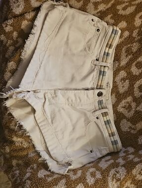 Free People White Distressed Denim Jean Shorts with Striped Waistband